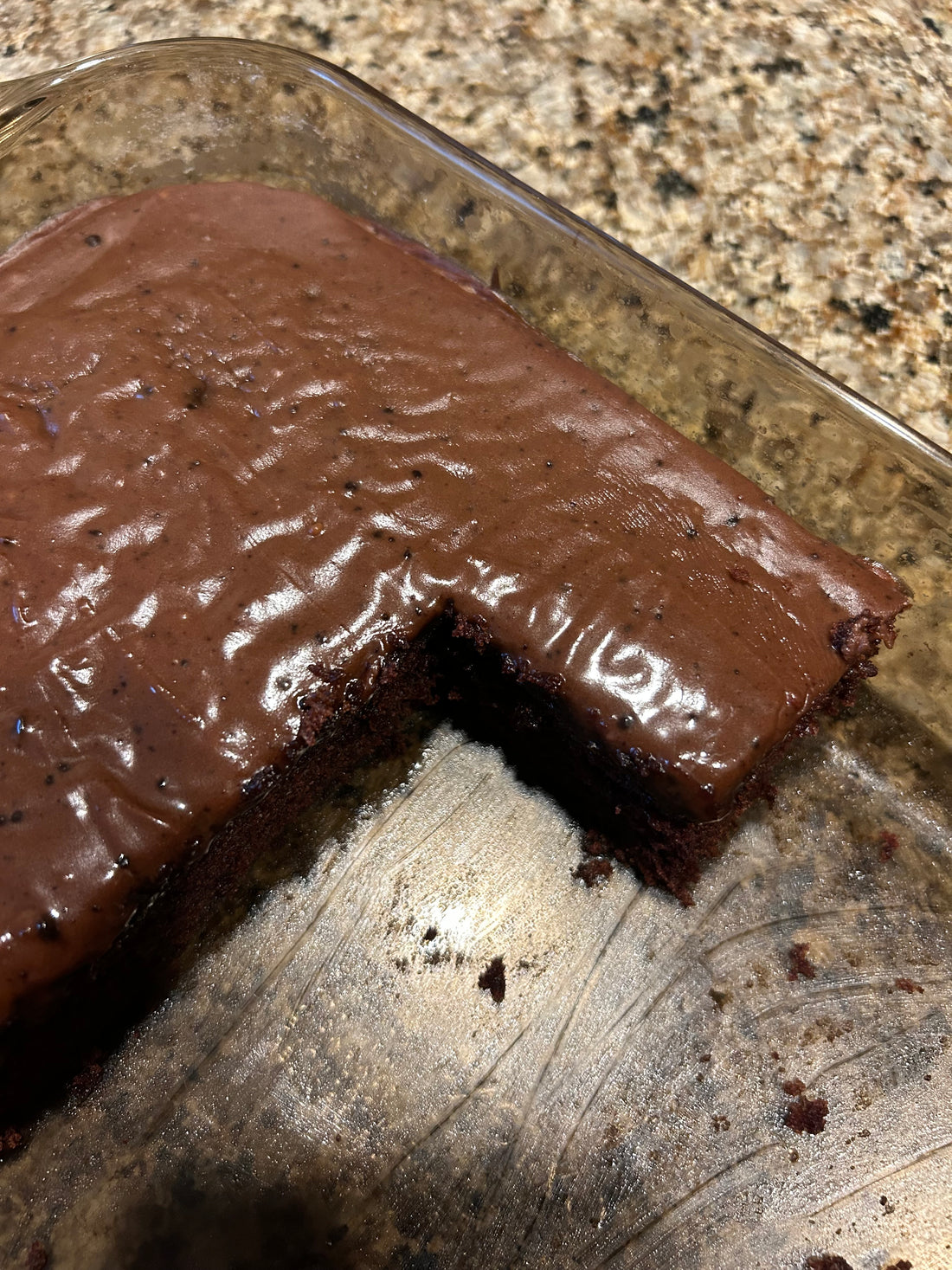 Texas chocolate sheet cake frosted in the pan