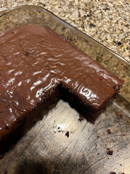 Texas chocolate sheet cake frosted in the pan